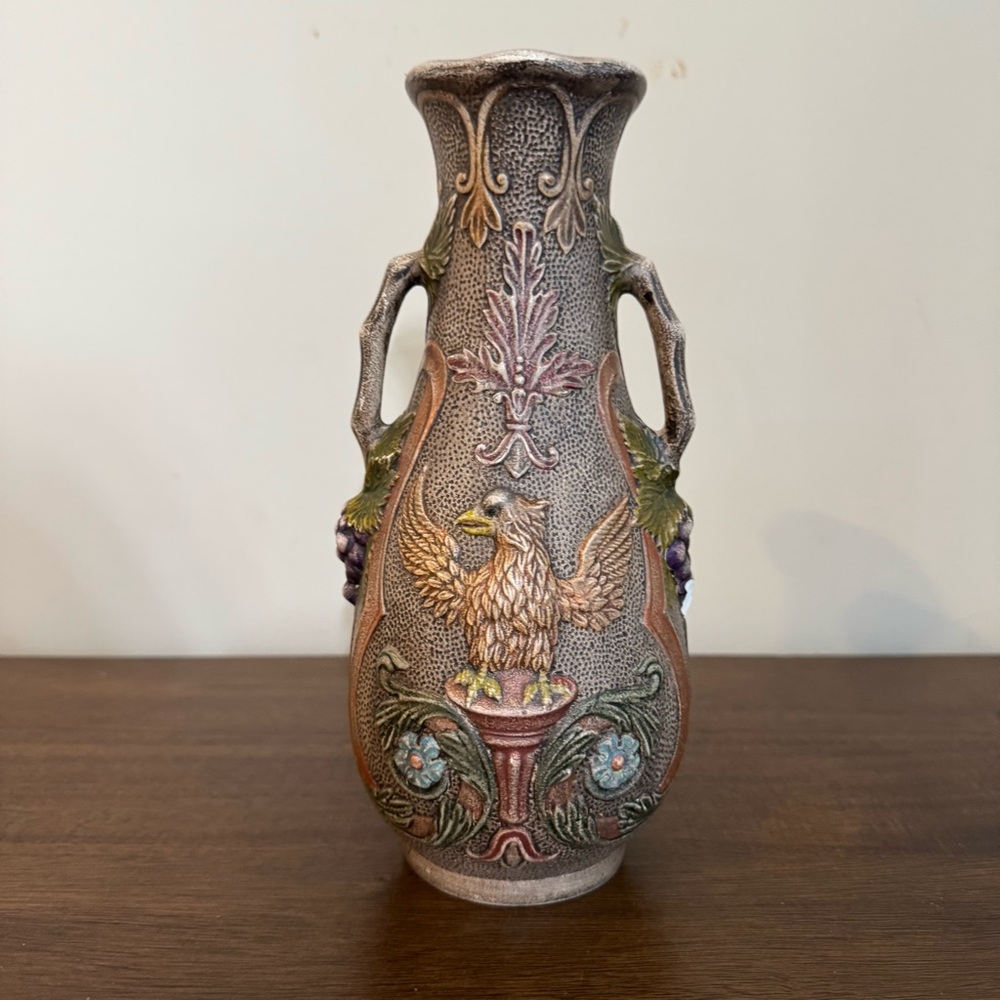 Vintage Art Pottery Vase Raised American Eagle Design Handles Signed